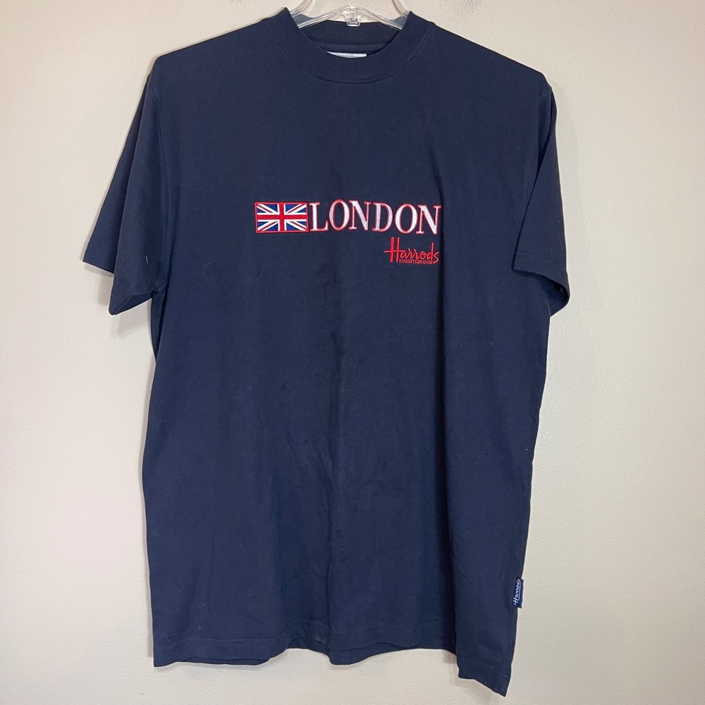Harrods Knightsbridge London Navy Blue Graphic T-Shirt Mens Medium Union Jack